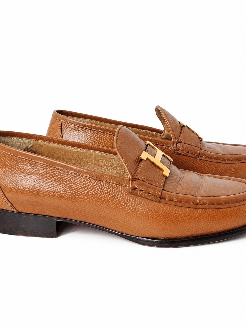 Hermes Brown Leather Slip-On Loafers with Gold Buckle